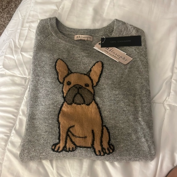 Philosophy Sweaters - Philosophy Gray Cashmere Crewneck with Tan Dog Graphic